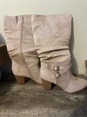 New Sz 11 - Women's Mid-Calf Buckle Heeled Boots in Light Blush